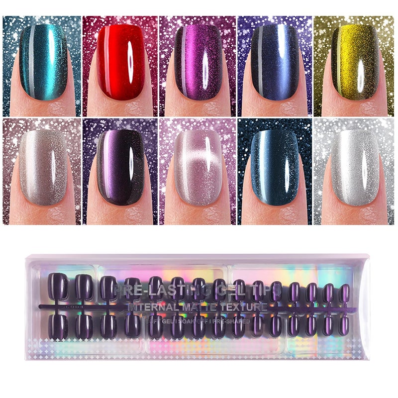 Plauva 300Pcs Cat Eye Press on Nails Short Square, Soft Gel Fake Nails, Glossy Glitter Cat Eye Nail Tips for Women and Girls Stick On Nails in 15 Sizes - Image 1